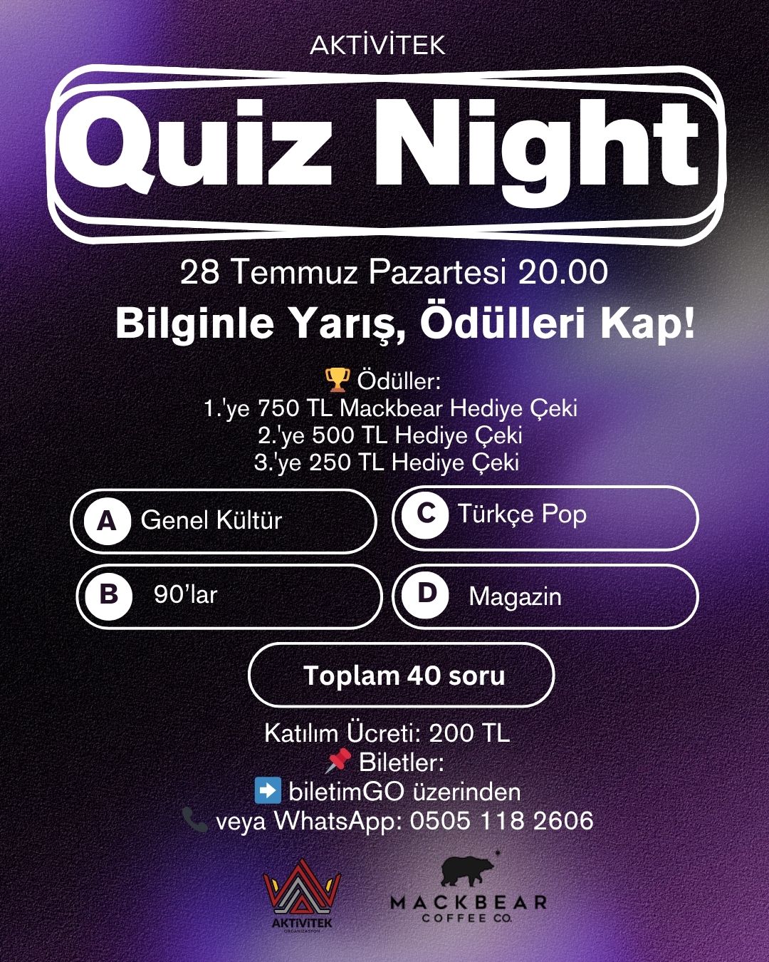 Aktivitek Genel Kültür Quiz Night – Bilginle Kazan!